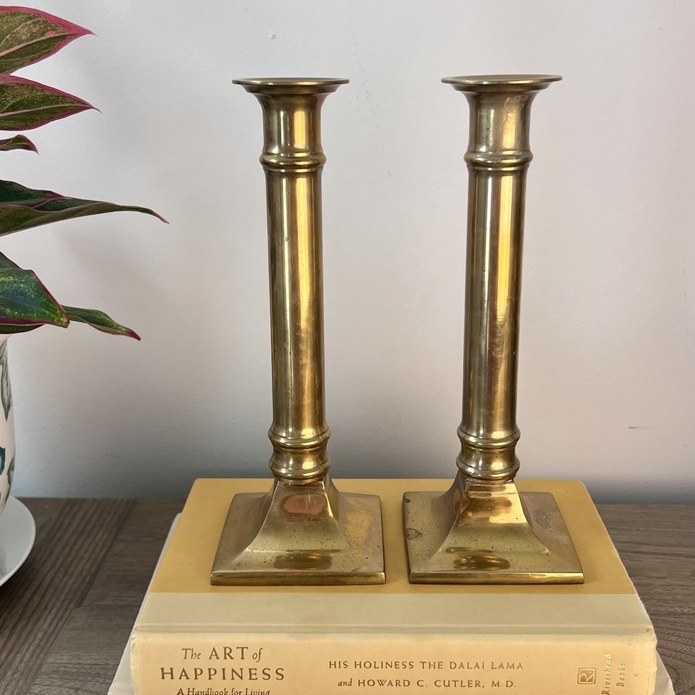 Solid Brass Candlestick Holders Pair Square Base 8.5 In